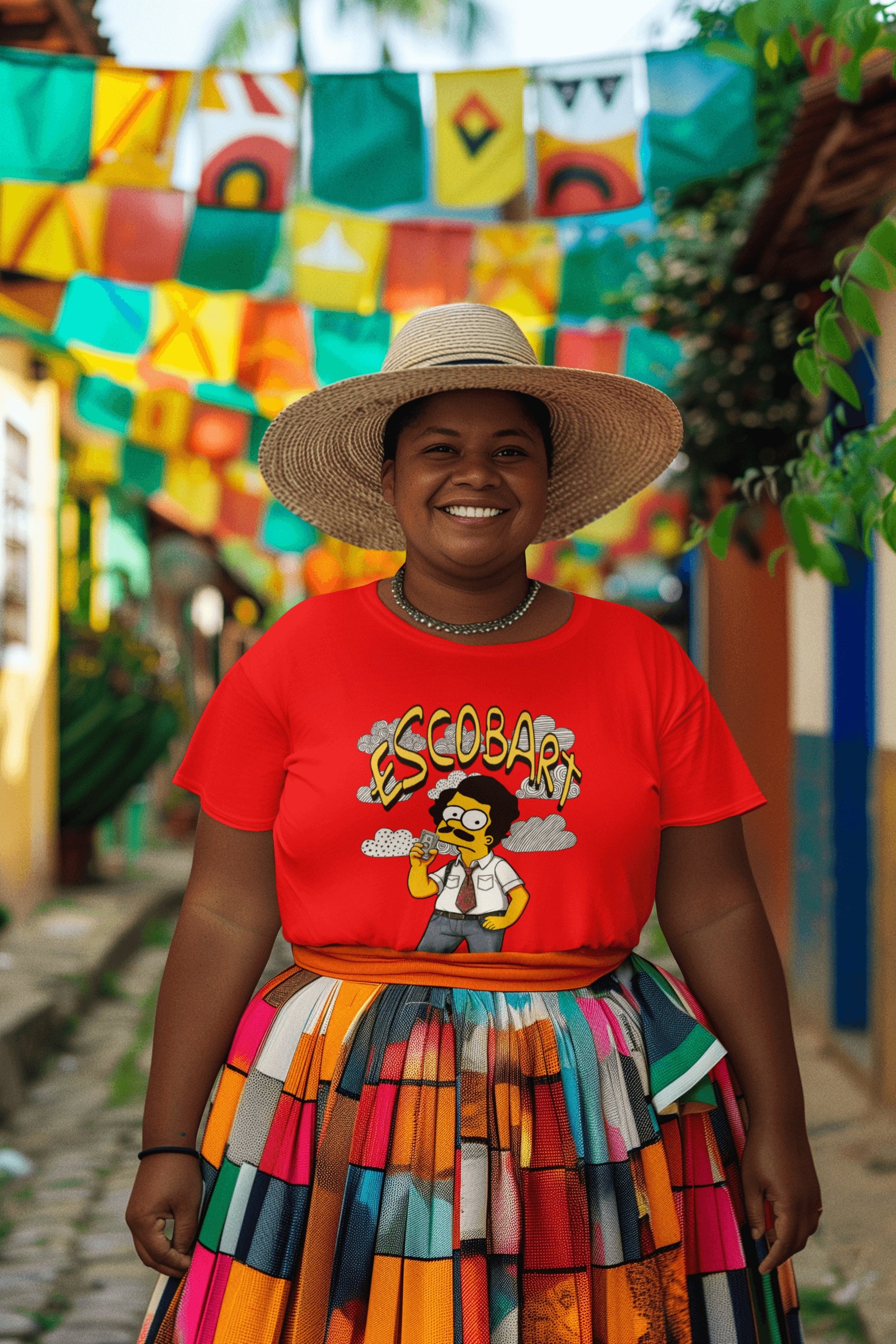 Mujer con camiseta Escobart, parodia de Pablo Escobar y Bart Simpson - Starway to Helen