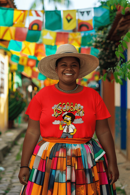 Mujer con camiseta Escobart, parodia de Pablo Escobar y Bart Simpson - Starway to Helen