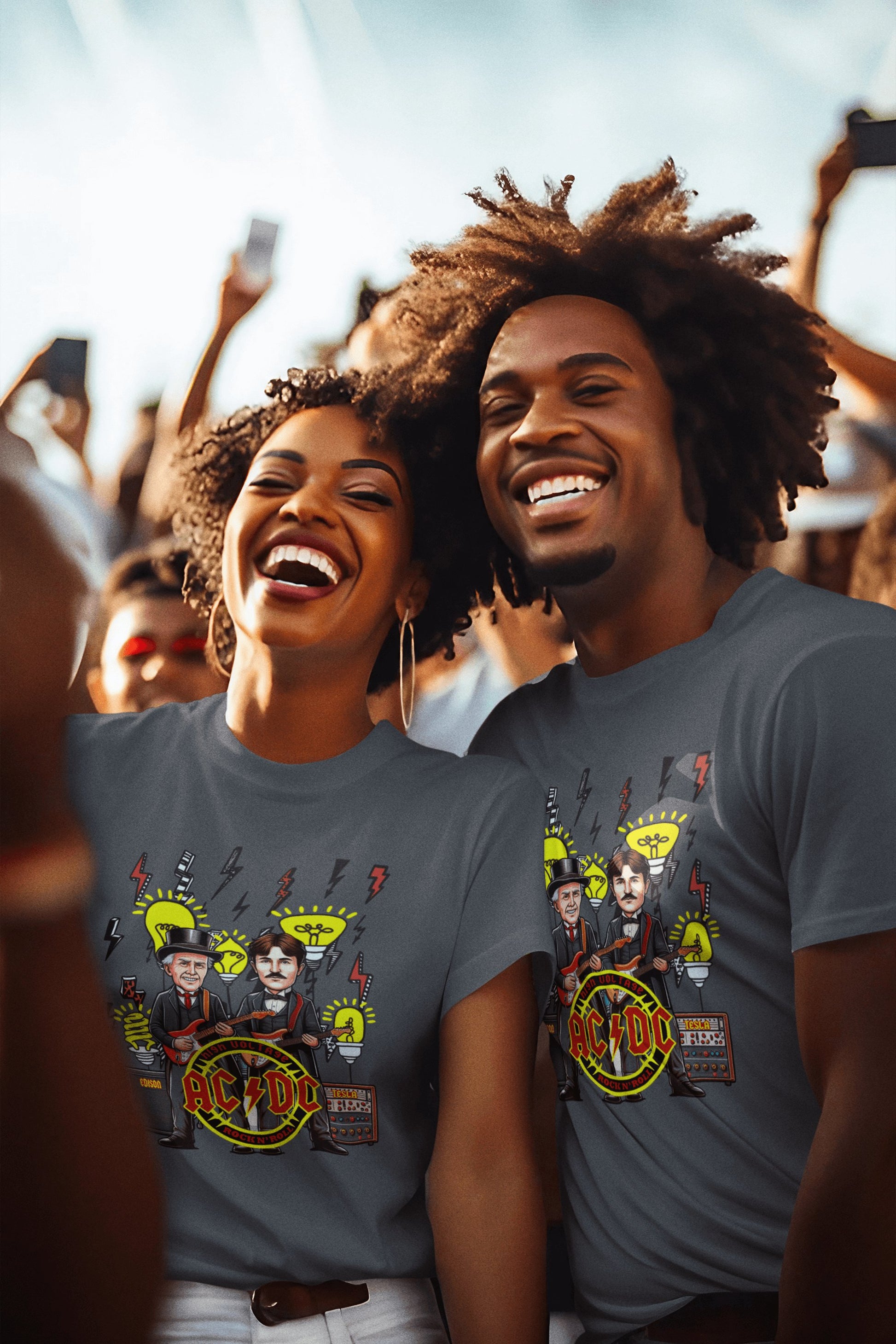 Pareja con camiseta AC/DC, Nikola Tesla y Thomas Edison - Starway to Helen