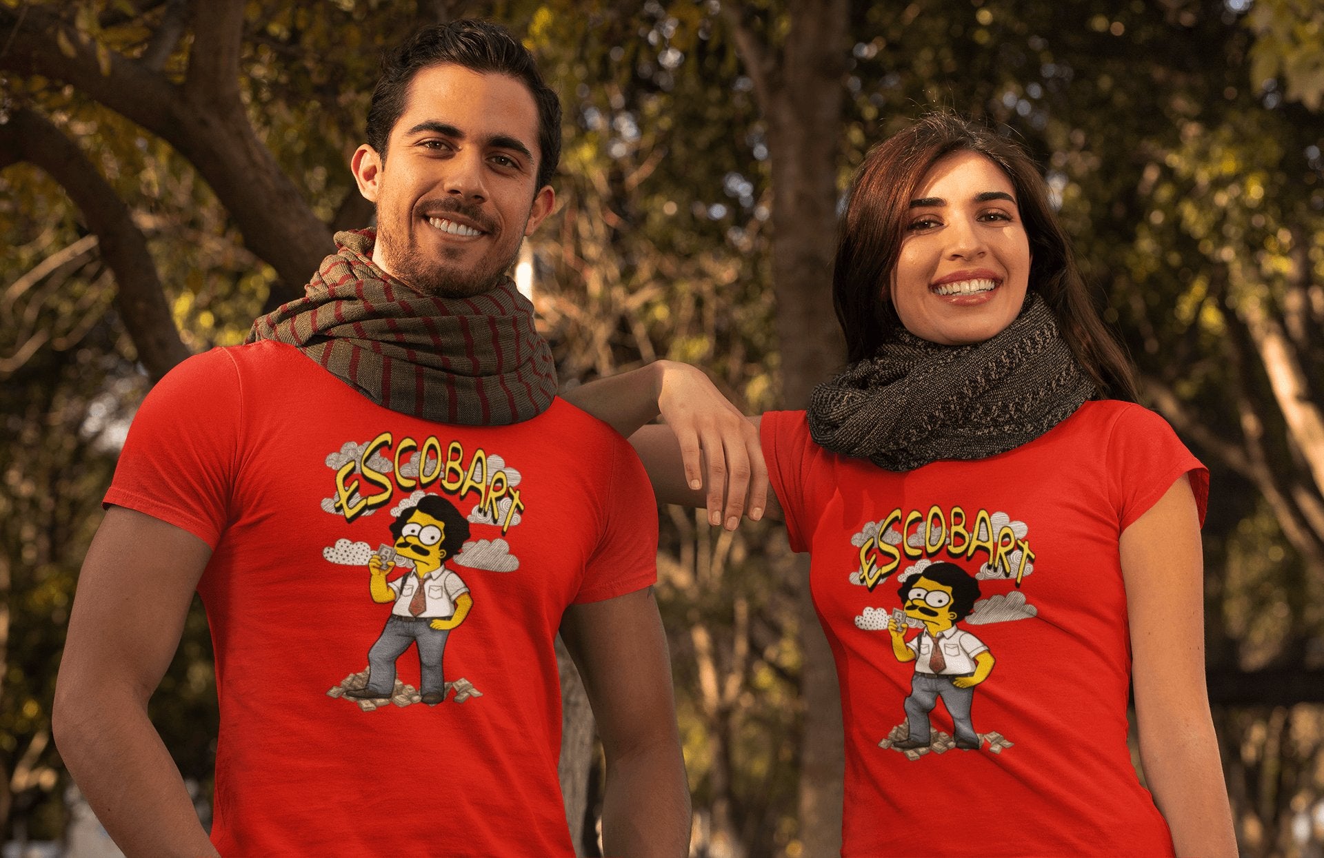 Pareja con camiseta Escobart, parodia de Pablo Escobar y Bart Simpson - Starway to Helen