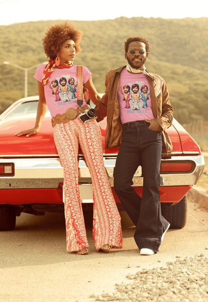 Pareja con camiseta Brie Gees, parodia de The Bee Gees - Starway to Helen