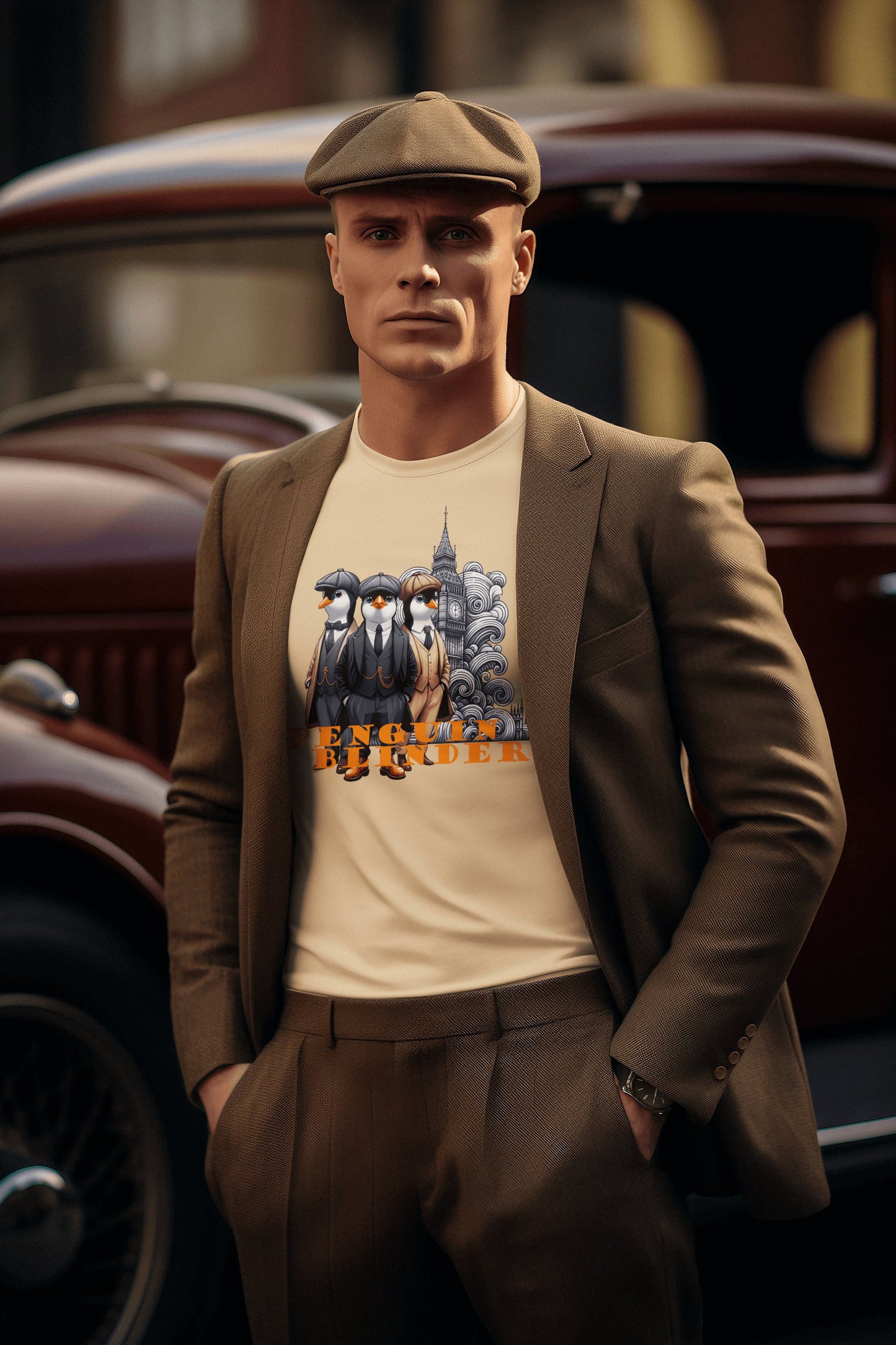 Hombre con camiseta Penguin Blinders, parodia de Peaky Blinders - Starway to Helen