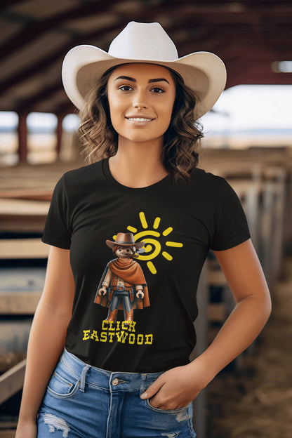 Detalle camiseta Click Eastwood, parodia de Clint Eastwood tipo Playmobil - Starway to Helen