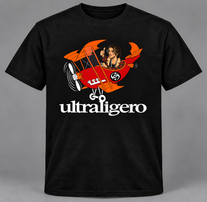 Camiseta negra Ultraligero, parodia del cantante del grupo indie pilotando una avioneta roja y naranja - Starway to Helen