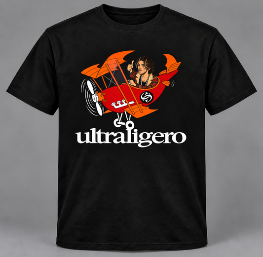 Camiseta negra Ultraligero, parodia del cantante del grupo indie pilotando una avioneta roja y naranja - Starway to Helen