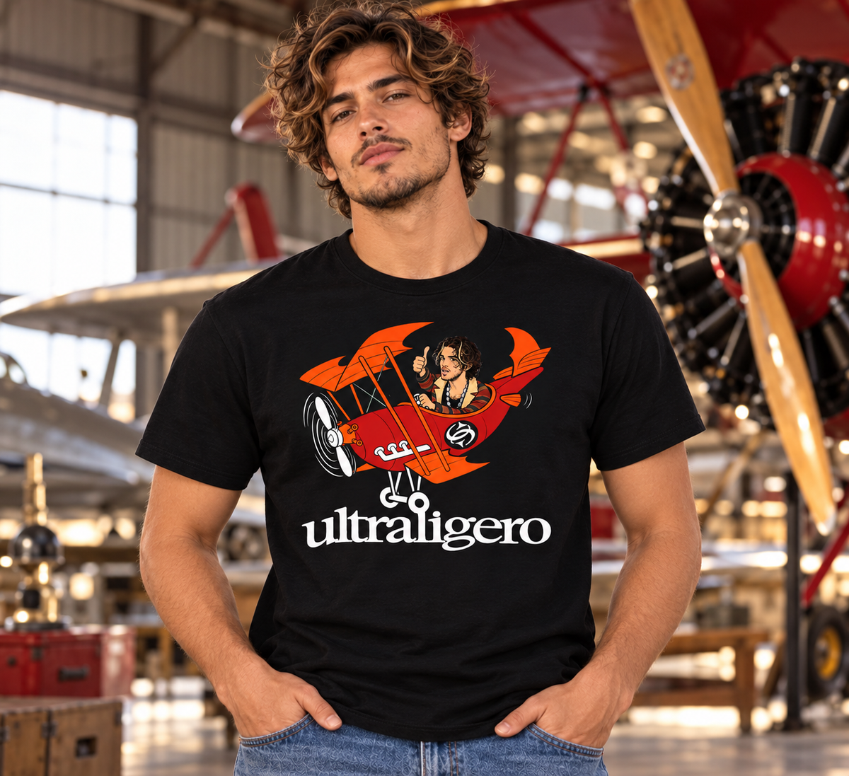 Camiseta negra Ultraligero para hombre en un hangar, estampado de avioneta roja con piloto cantante, humor indie - Starway to Helen