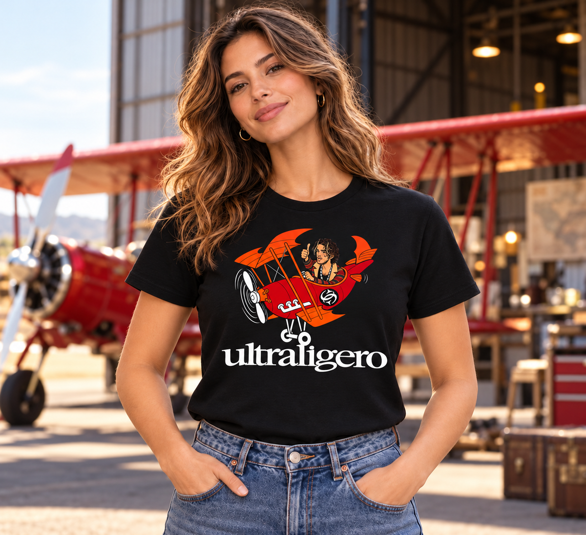 Camiseta negra Ultraligero para mujer junto a una avioneta vintage, parodia musical de grupo indie - Starway to Helen