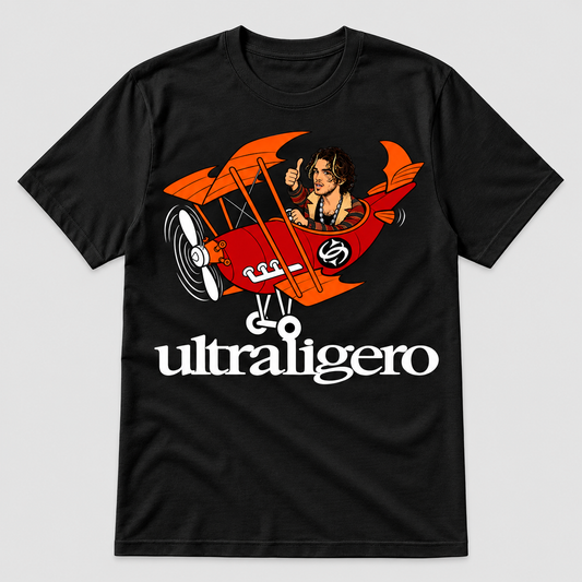Camiseta negra Ultraligero, parodia del cantante del grupo indie pilotando una avioneta roja y naranja - Starway to Helen