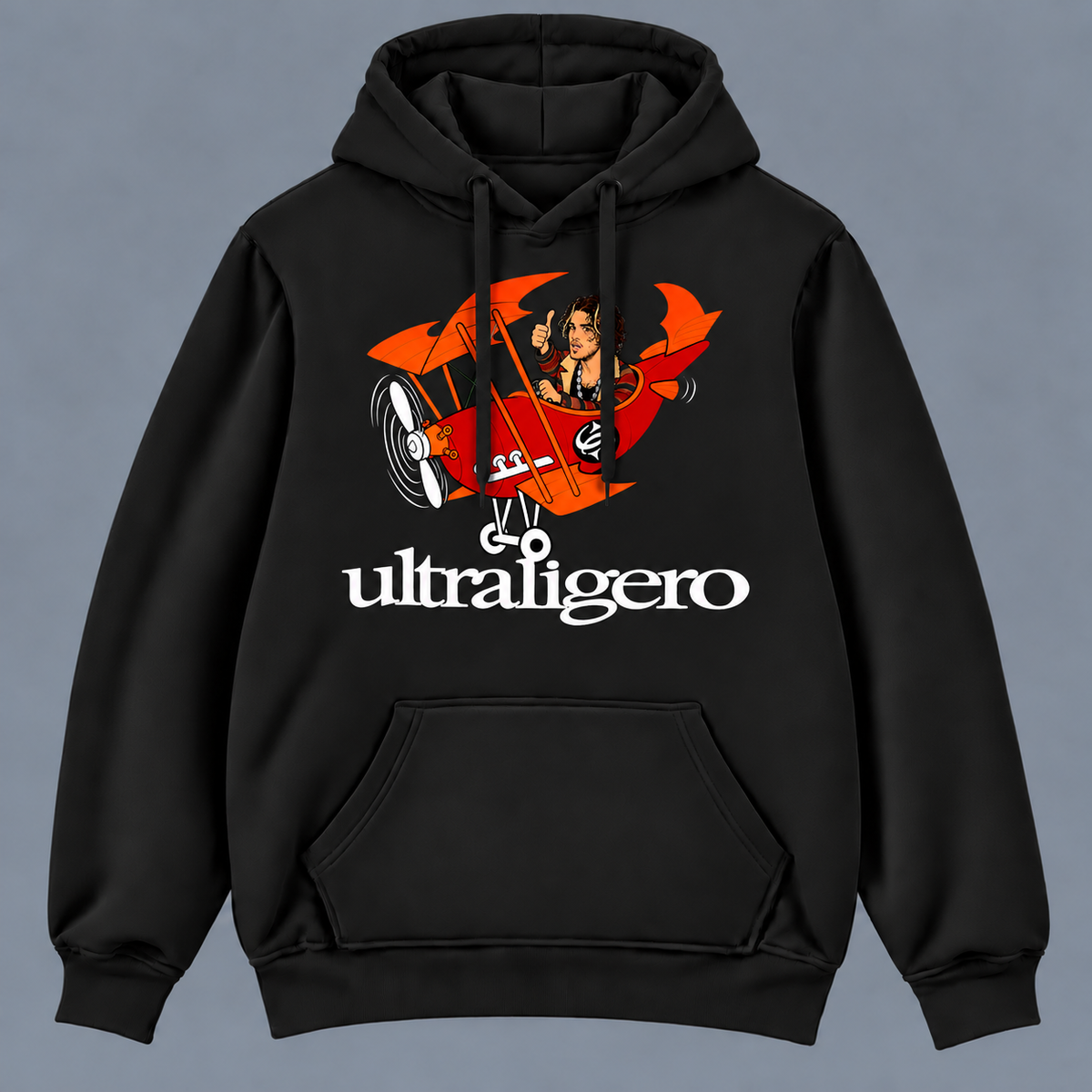 Sudadera negra Ultraligero con capucha, parodia del cantante del grupo indie pilotando una avioneta roja y naranja - Starway to Helen