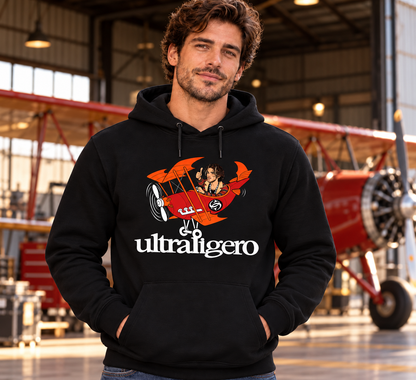 Sudadera negra Ultraligero con capucha para hombre en un hangar, estampado de avioneta roja, humor indie - Starway to Helen