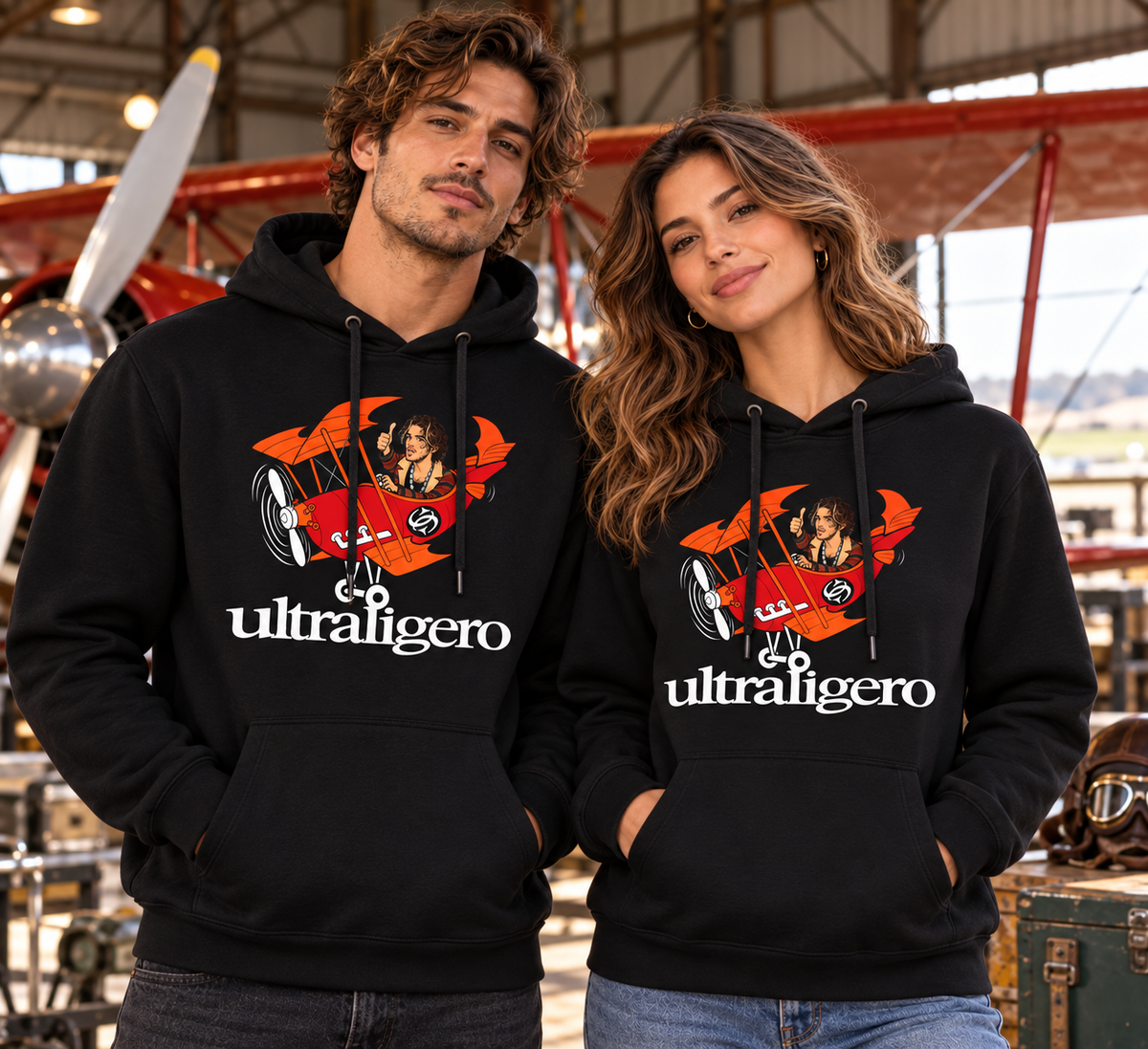 Pareja con sudaderas negras con capucha Ultraligero en un hangar, regalo para fans de la música indie - Starway to Helen