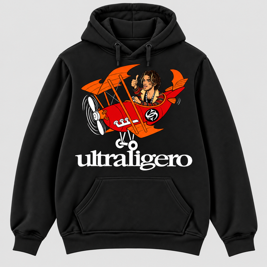 Sudadera negra Ultraligero con capucha, parodia del cantante del grupo indie pilotando una avioneta roja y naranja - Starway to Helen