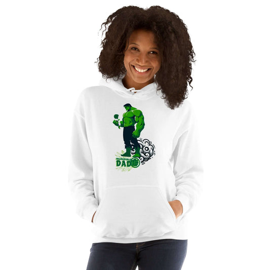 Vista lateral de sudadera Incredible Dad con capucha y diseño de Hulk padre en color blanco
