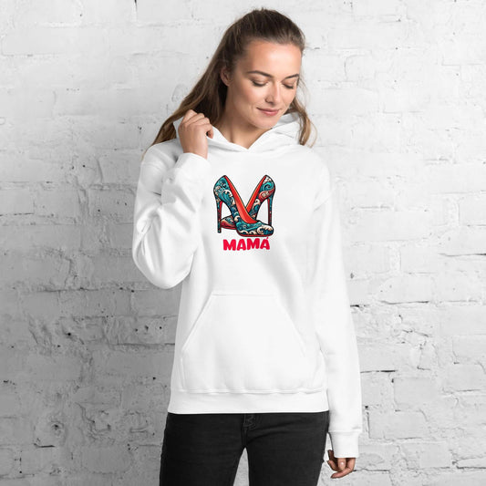 Vista lateral de sudadera Mamá Tacones blanca, prenda divertida para mamás con estilo