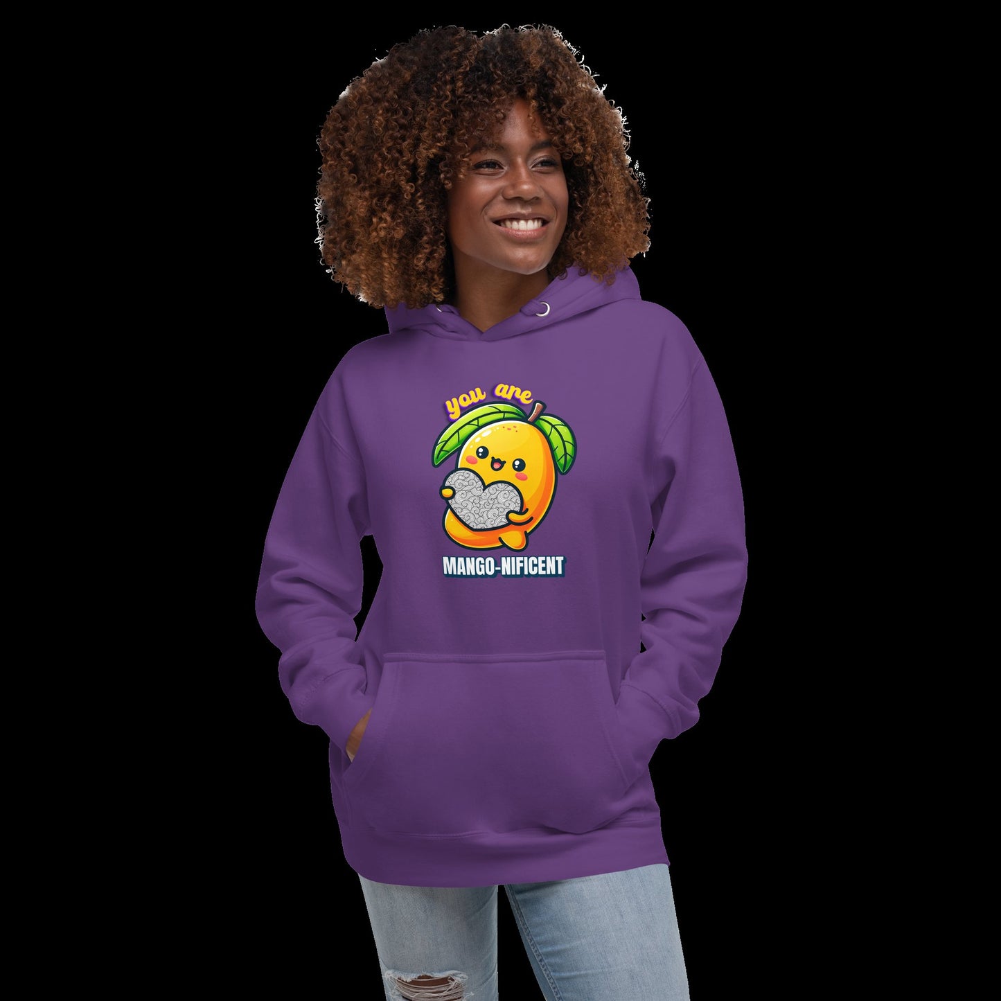 Mujer con sudadera You Are Mango-nificent, diseño frutal divertido